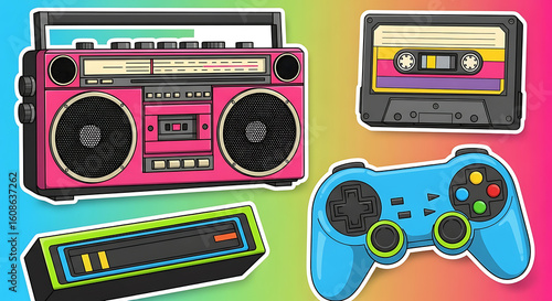Nostalgic 80s and 90s Retro Gadgets Composition with Vibrant Colors and Vintage Appeal