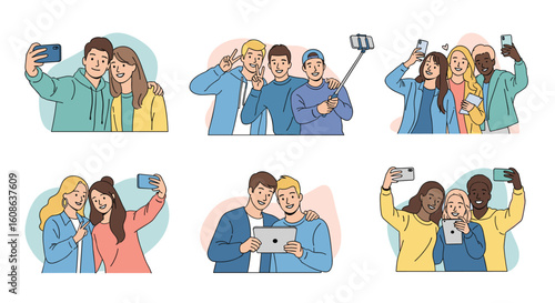 Diverse groups of friends enjoying taking selfies and capturing cherished memories together in various modern settings