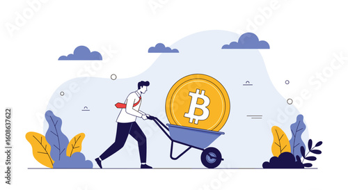 Man pushing wheelbarrow with giant bitcoin coin cryptocurrency concept digital finance abstract background