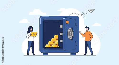 Securely storing precious gold bullion bars and coins in a large open vault safe with people guarding valuable assets