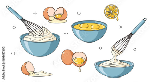 Whisking eggs in bowls for baking preparation kitchen ingredients culinary process food preparation techniques cooking utensils healthy eating lifestyle