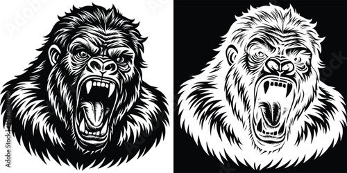 A dramatic black and white drawing of a lion and a gorilla, both with fierce expressions, highlighting the strength and power of these wild creatures.