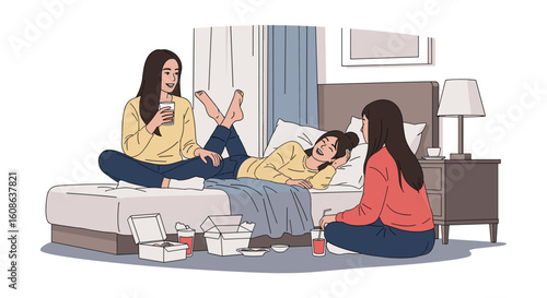 Young women friends spending time together in a bedroom talking and laughing on a sunny afternoon