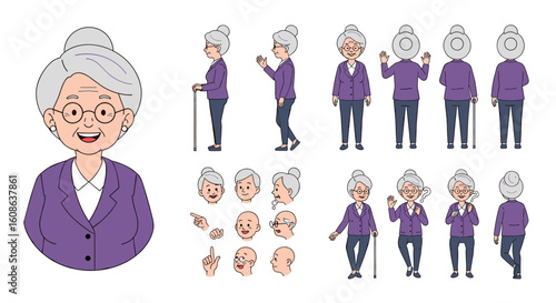 Collection of pixel art characters depicting elderly women in various poses and expressions for game development and animation projects