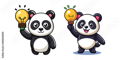 Creative Panda Holding Lightbulb Vector – Cute Animal Mascot Having Idea Moment, Innovation Concept Illustration for Business, Startups, Motivation, Education and Creative Thinking Designs