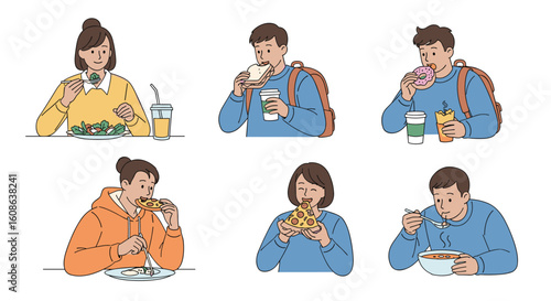Diverse individuals enjoying various delicious foods and beverages in a casual setting