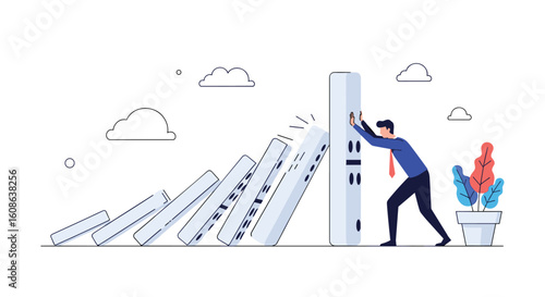 Businessman pushing a domino to stop the falling effect illustrating a crisis management or problem-solving concept in business
