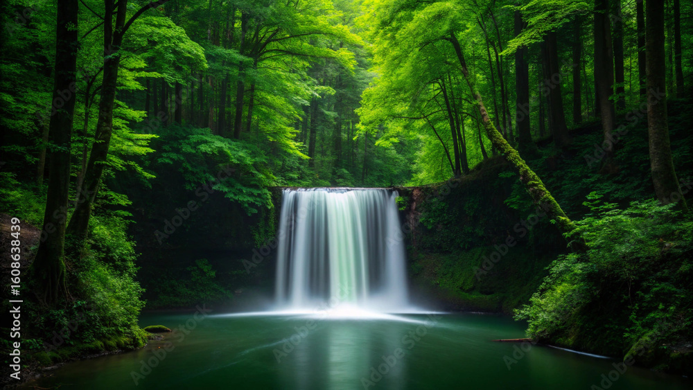 Fototapeta premium Breathtaking waterfall cascading into tranquil pool within lush green forest scenery
