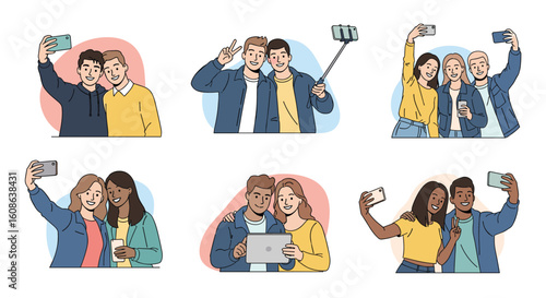 Diverse friends capturing cherished moments together through mobile phone selfies