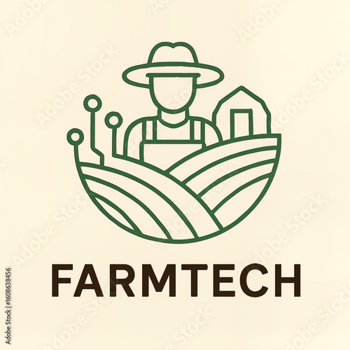 FarmTech logo depicting a farmer in a hat, fields, and tech elements, representing smart agriculture and technological advancements in farming.