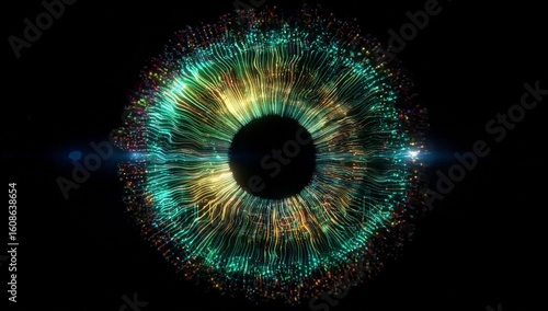 Futuristic artificial cyber eye illuminated with glowing neural circuits and radiant fiber optic light rings, resembling advanced biometric scanning or high-tech digital surveillance technology system
