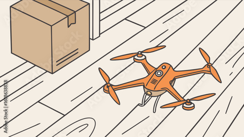 An orange delivery drone flies towards a cardboard box on a wooden floor in a simple cartoon style