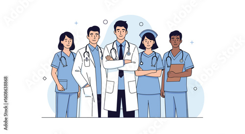Diverse group of medical professionals standing together ready to provide excellent healthcare services