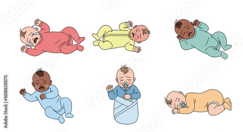 A charming collection of adorable babies in various poses demonstrating diverse ethnicities and styles of sleepwear