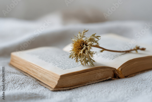 antique book with dried flower resting gently on its pages creating nostalgic atmosphere