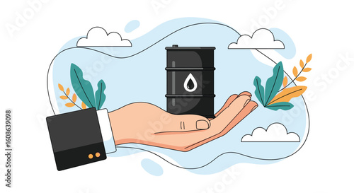 A hand gently holds a barrel of oil symbolizing energy industry responsibility and resource management concepts