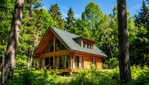 Fototapeta Naklejka Na Ścianę i Meble -  Modern wooden cabin nestled in lush forest