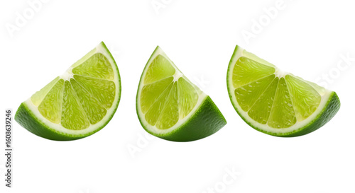 Three bright green lime wedges with visible segments isolated on a transparent background citrus fruit