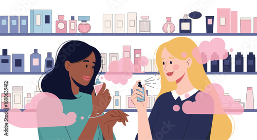 Choosing a new fragrance perfume with help from a friend in a department store beauty section