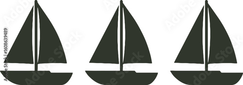 Three dark sailboats on white sailing watercraft
