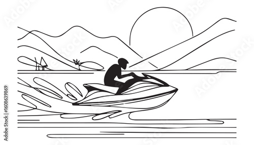 Continuous one single minimal line drawing watercraft