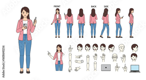 Pixel art character set showing front back side views with customizable facial expressions and accessories for digital design projects