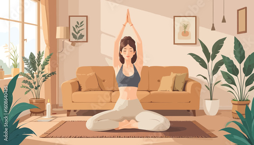 Vector SVG Illustration of Woman Practicing Yoga in Warm Interior Flat Design