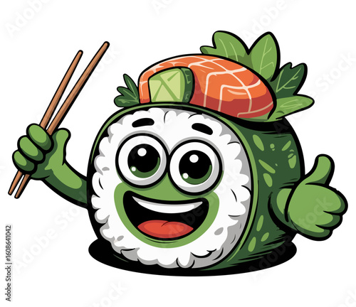 A sushi cartoon face with delicious food and a stick.