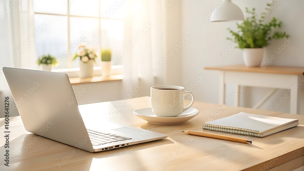 Fototapeta premium Laptop Coffee Cup and Notebook on a Wooden Desk