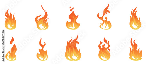 Set of fire flames vector icons. Collection of burning bonfire elements. Red and orange hot flame graphic design symbols for energy, power, and heat. Set of nine orange flames with varying size vector