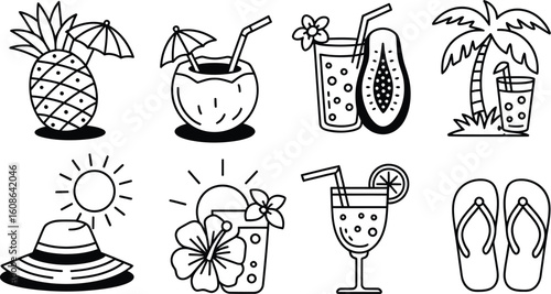 Tropical summer vacation icons featuring drinks fruit and beach accessories
