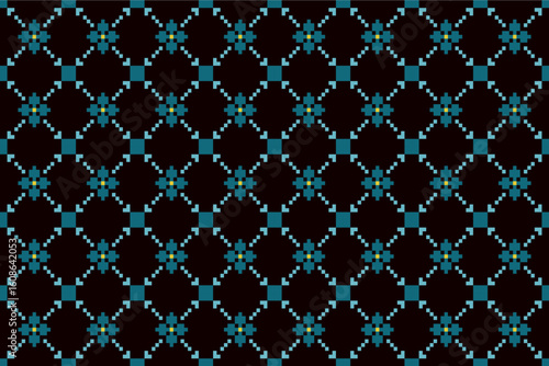Stylish pixel textile pattern featuring small blue floral motifs in a diamond grid on black. Ideal for fabric prints, embroidery design, digital crafts, and seamless backgrounds.