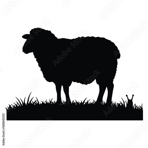 Silhouette of a sheep grazing on grass with a snail in minimalist black and white style