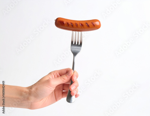 Hand Holding Fork with Grilled Sausage: Tasty Cooked Meat Pierced on Utensil, Capturing Culinary Moment of Outdoor Barbecue or Street Food Scene With Smoky Texture and Savory Appeal

