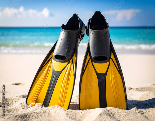Swim Fin Stuck in Beach Sand: Surf or Diving Gear Standing Upright on Coastal Shoreline, Capturing Outdoor Water Activity Vibe and Seaside Lifestyle Concept with Natural Summery Ambience