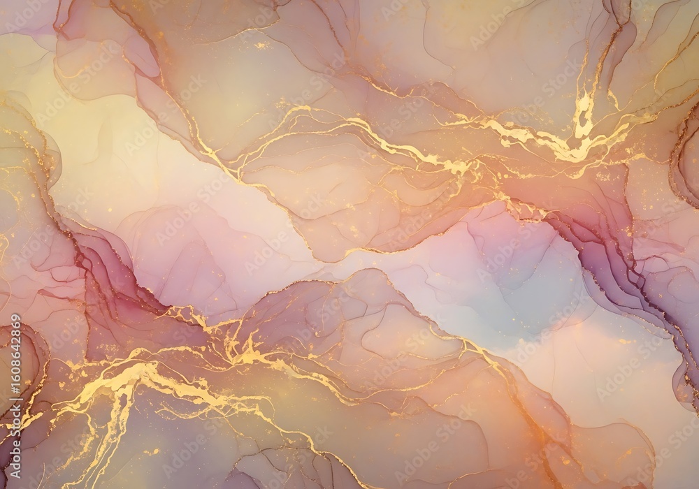 Fototapeta premium Elegant fluid art texture with soft pastel hues and golden accents illustration