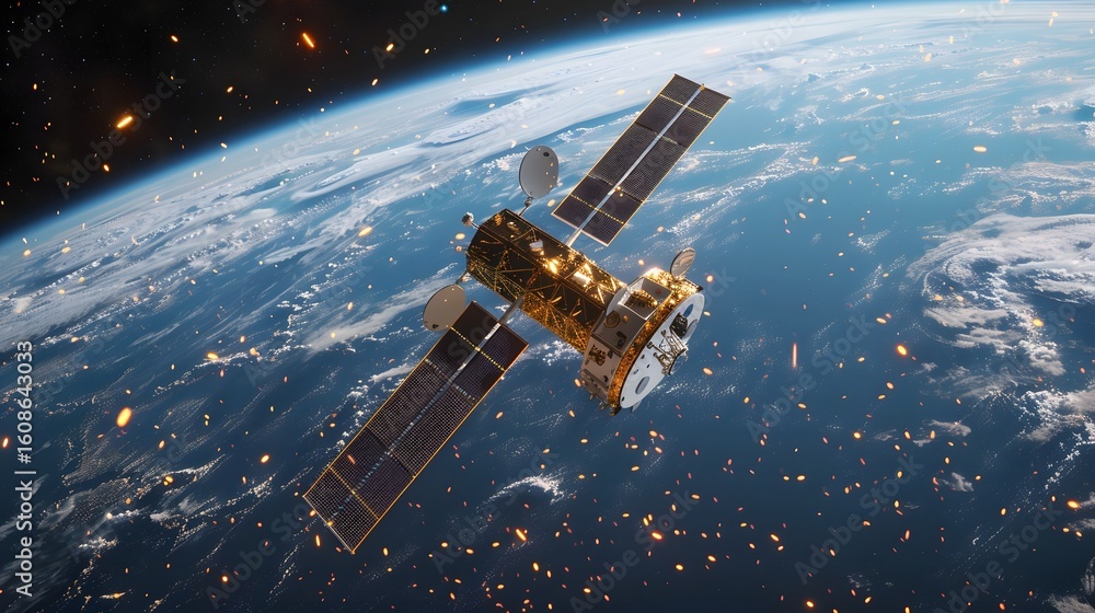 Obraz premium Space debris flying past a communications satellite in orbit