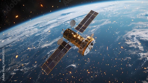 Fototapeta Naklejka Na Ścianę i Meble -  Space debris flying past a communications satellite in orbit