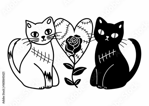 A cute black cat and mouse vector cartoon illustration with a heart, symbolizing love between the domestic feline and its prey