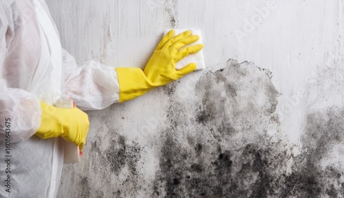 A person cleaning mold from a wall