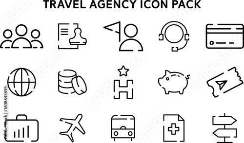 Travel Agency Outline Icon Set Featuring Essential and Vacation Related Elements