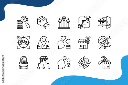 Market Research icon set with Sampling, Brand awareness, Competitor analysis, Product development, Consumer behavior, Focus group.