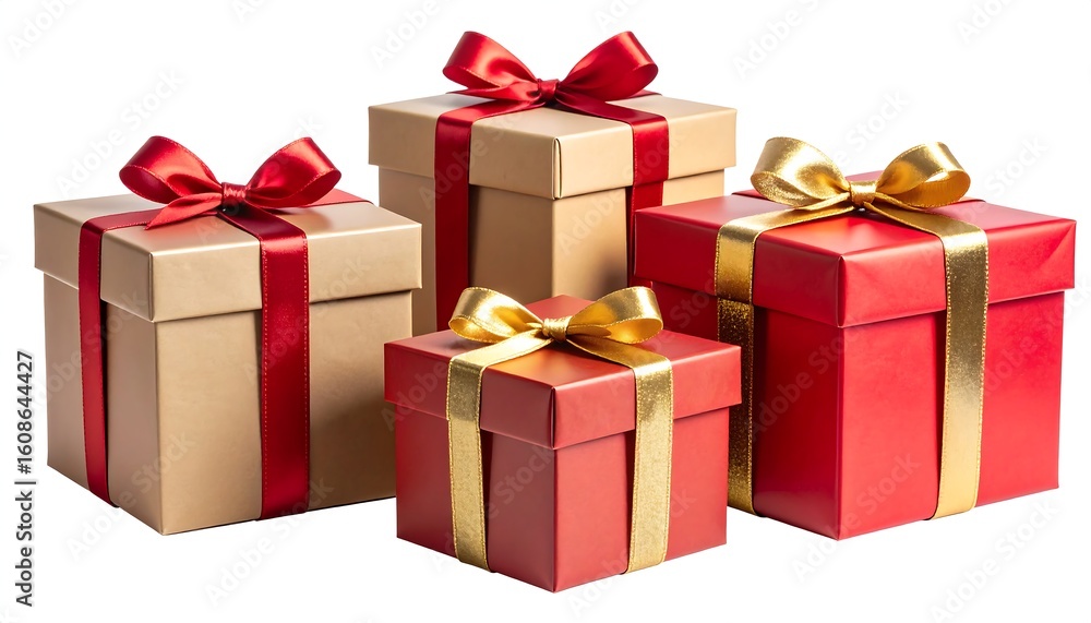 Fototapeta premium Four gift boxes, two red and two gold, with satin ribbons and bows