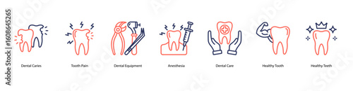 Oral health web banner icon vector illustration showing Dental Caries, Tooth Pain, Dental Equipment, Anesthesia, Dental Care, Healthy Tooth, and Healthy Teeth.