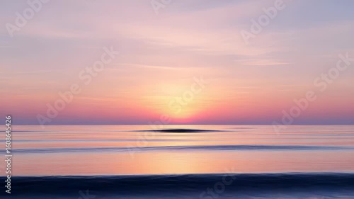 Calm Ocean Beach at Sunset with Pastel Sky in Tranquil Coastal Seascape