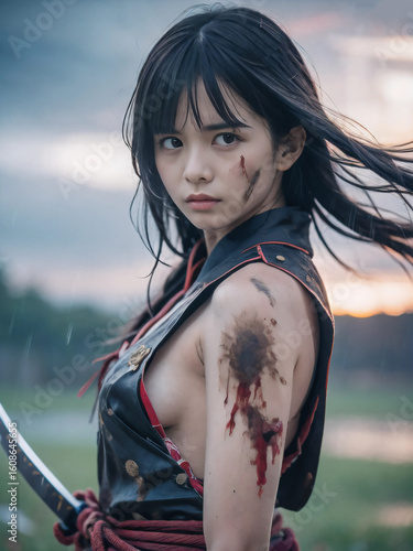 雨の降る戦国時代の戦場で鎧を着た戦闘中の若い女性武士