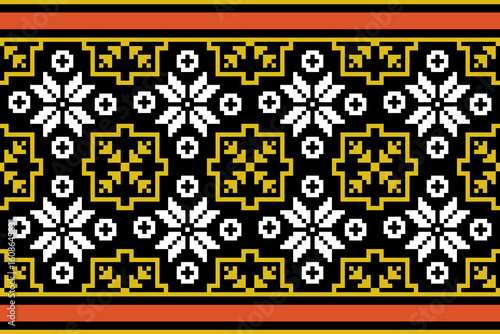 Striking pixel border pattern with white and yellow floral motifs framed in orange and black. Perfect for ethnic fabric design, digital crafts, embroidery, and wrapping papers.