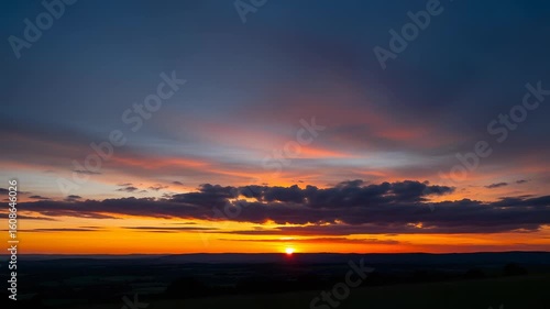 Colorful Sunset with Clouds over Dark Landscape Vibrant Evening Sky With Fiery Colors Warm Light and Silhouette Over Field