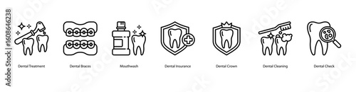Orthodontic care web banner icon vector illustration for Dental Treatment, Dental Braces, Mouthwash, Dental Insurance, Dental Crown, Dental Cleaning, and Dental Check.