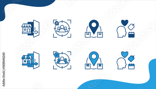 Market Research icon set with Market entry strategy, Focus group, Product positioning, Consumer behavior.
